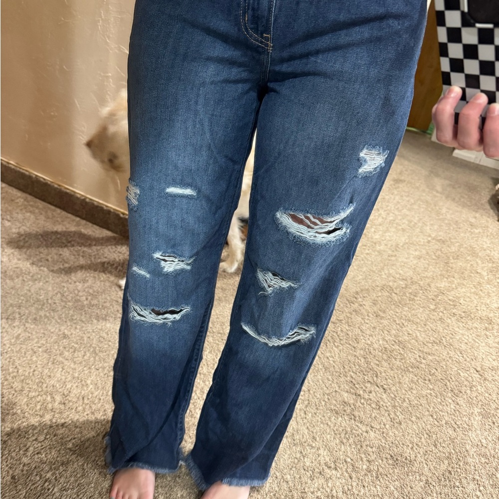 KanCan Blue Straight Leg Jeans with Distressed Details